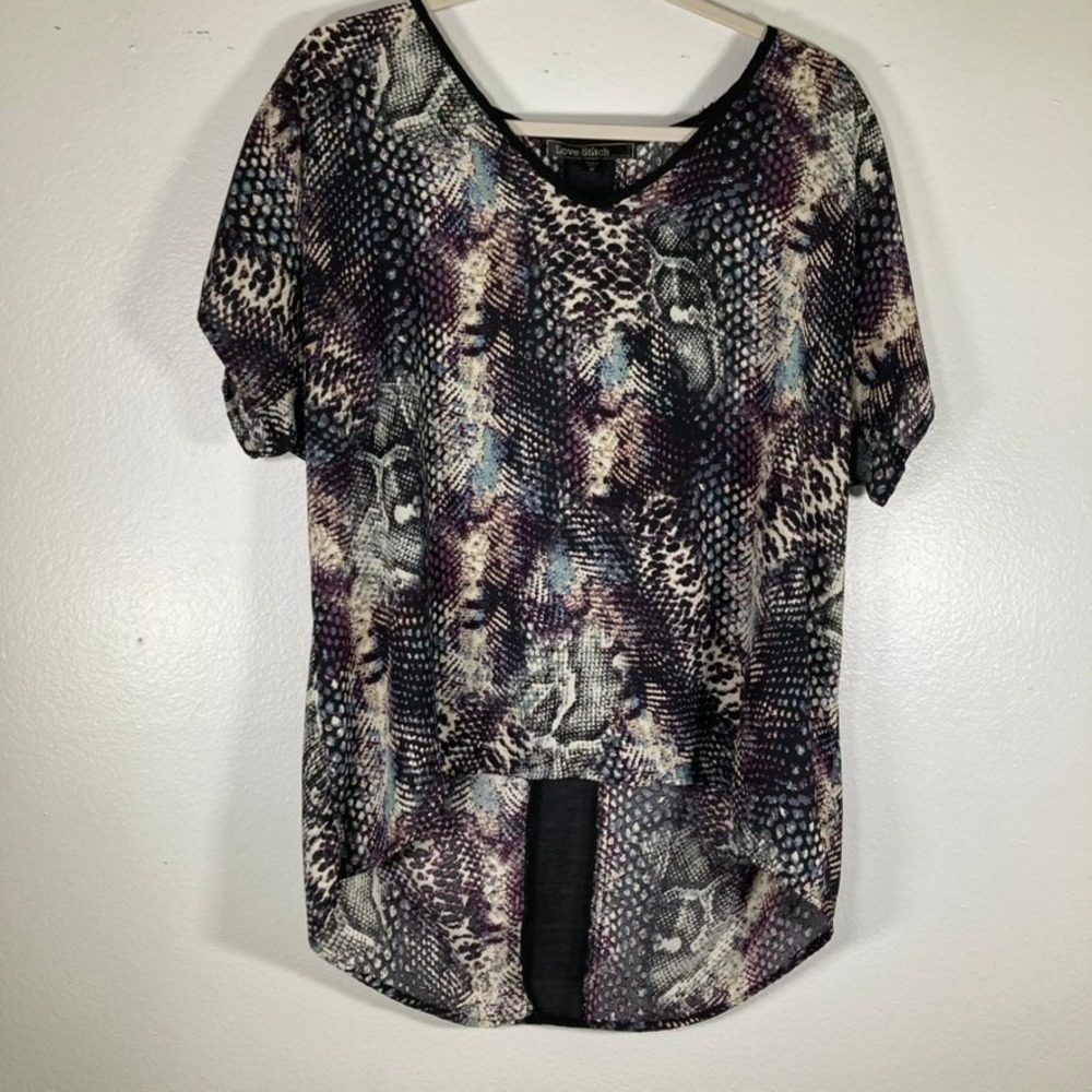 Love Stitch Womens M Snakeskin Print High Low Mesh Back Blouse Purple Blue
